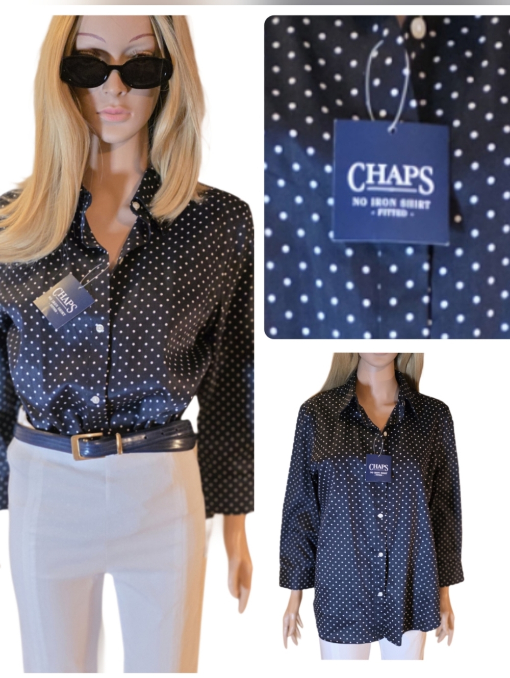 Chaps No-Iron Navy Polka Dot Blouse 3/4 Sleeve Button Front NWT EUC
